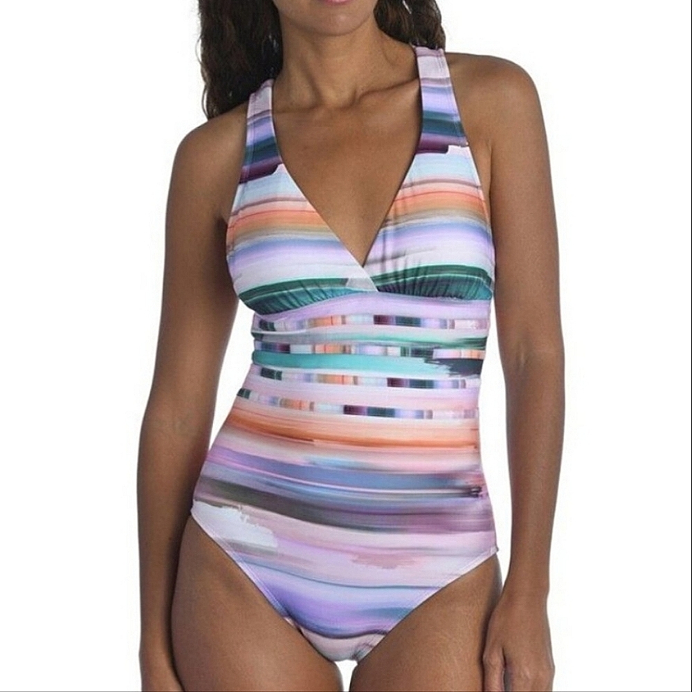 La Blanca Ocean Tides Striped One-Piece Open Back Swimsuit, Size 8